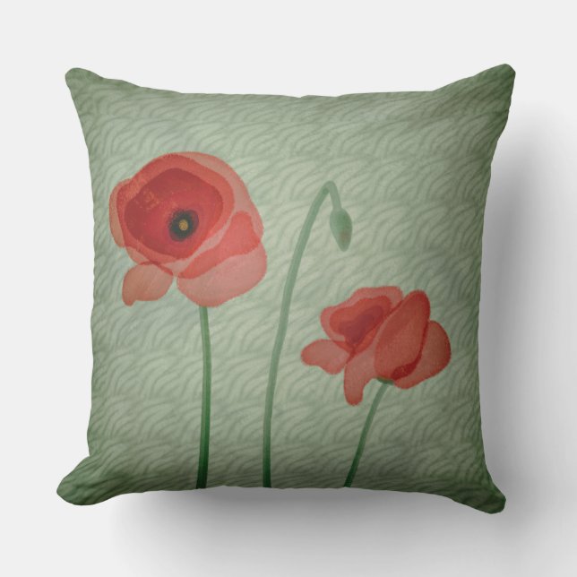 Coussin Fleurs de pavot rouge Filigree vert Abstrait (Recto)