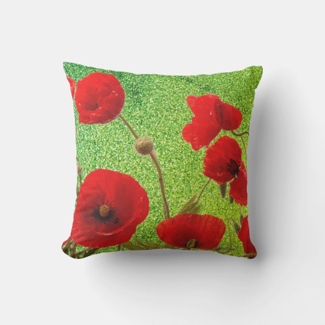 Coussin Fleurs de pavot Rouge Vert Parties scintillant Art (Recto)