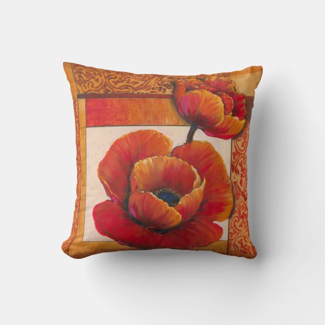 Coussin Fleurs de pavot sur Tan et Arrière - plan orange (Recto)