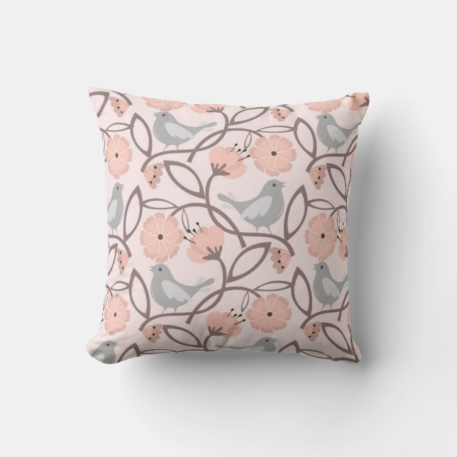 Coussin Fleurs de Pêche douce moderne Motif d'oiseaux gris (Recto)