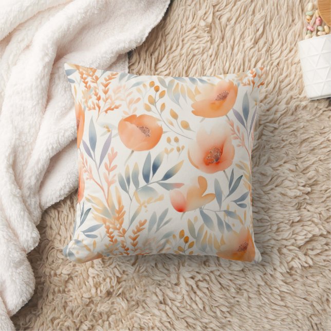 Coussin Fleurs de Pêche et bleu poussiéreux Contemporain (Couverture)