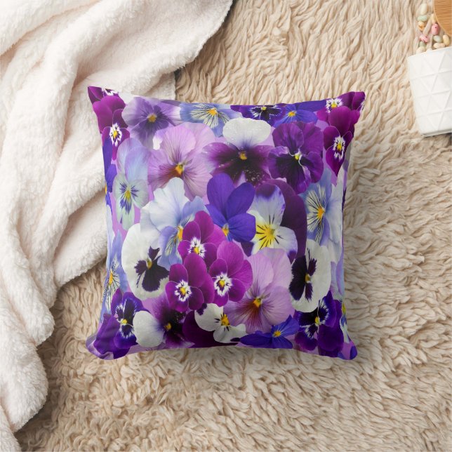 Coussin Fleurs de Pensée Floral Bleu Blanc Violet (Couverture)