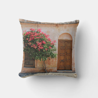 COUSSIN FLEURS DE PÉTAL ROUGE SUR MUR BÉTON