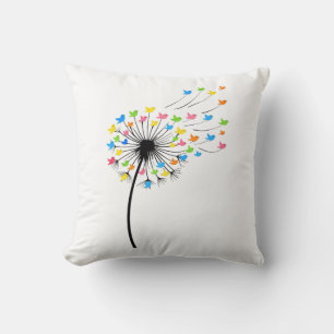 Coussin Fleurs de pissenlit en vol d'oiseaux colorés