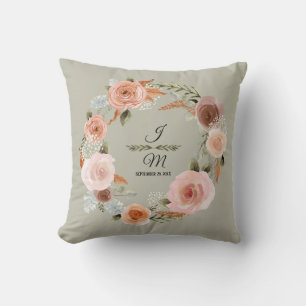 Coussin Fleurs de Pivoine Rose Sauge Aquarelle Feuillage V