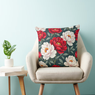 Coussin Fleurs de pivoine rouges et blanches 