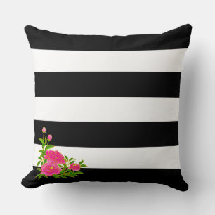 Coussin Fleurs de pivoine sur fond rayé noir et blanc