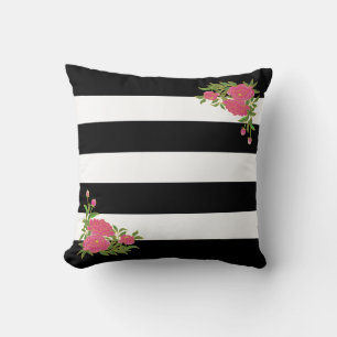 Coussin Fleurs de pivoine sur fond rayé noir et blanc