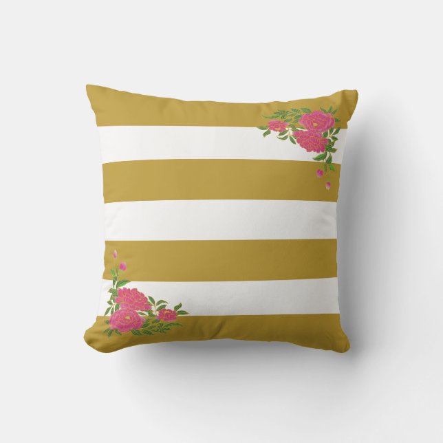 Coussin Fleurs de pivoine sur fond rayé or et blanc (Recto)