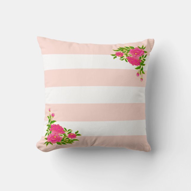 Coussin Fleurs de pivoine sur fond rayé rose clair et blan (Recto)