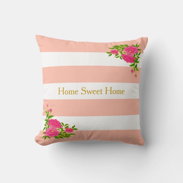 Coussin Fleurs de pivoine sur fond rayé rose corail et bla (Recto)