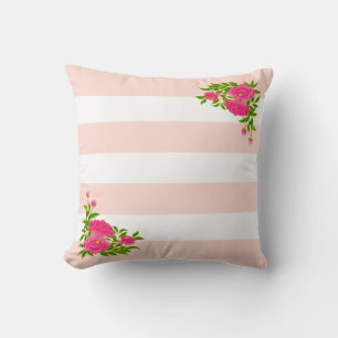 Coussin Fleurs de pivoine sur rose clair et blanc rayé