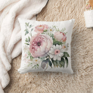 Coussin Fleurs de Pivoines de Verdure Florale Rose Blanc