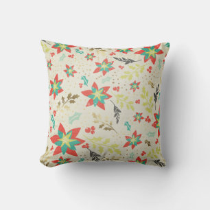 Coussin Fleurs de Poinsettia stylisées avec Feuilles et ba