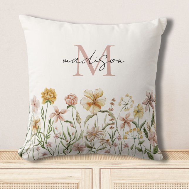 Coussin Fleurs de prairie sauvage à aquarelle monogrammée (In situ)
