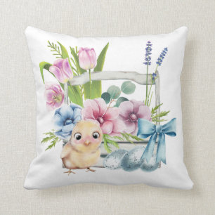 Coussin Fleurs de printemps de poussins de Pâques OEufs Bl