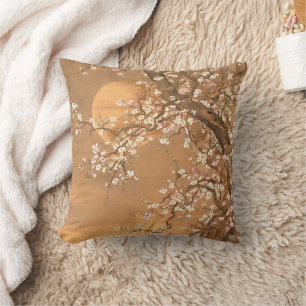 Coussin Fleurs de prune rose et blanche au clair de lune,