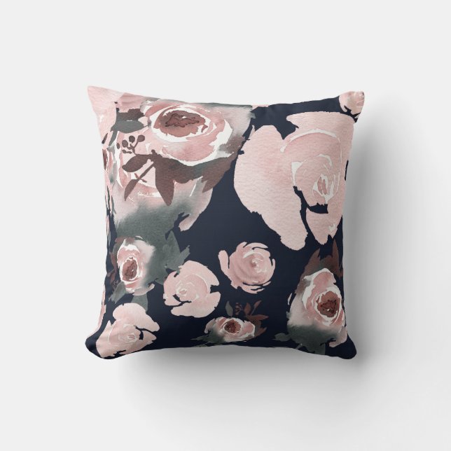 Coussin Fleurs de rose aquarelle rose foncé bleu marine fl (Recto)