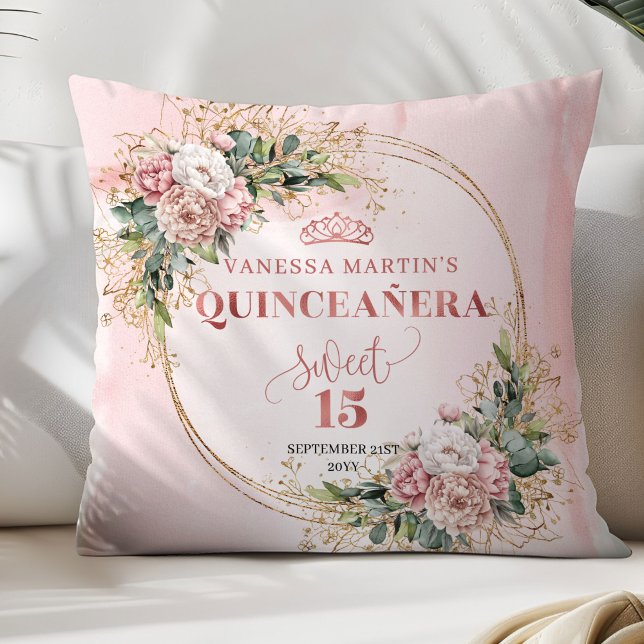 Coussin Fleurs de rose doré Verdure Cadeau parfait Quince  (Rose Gold Flowers Greenery Perfect Gift Quince Pillow)