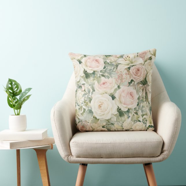 Coussin Fleurs de rose et de lys à l'aquarelle rose tendre (Chaise)