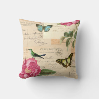 Coussin Fleurs de rose rustiques vintage florales & papill