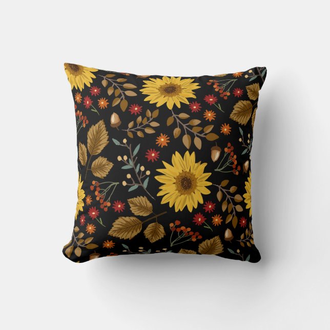 Coussin Fleurs de soleil d'automne : Arrière - plan noir d (Recto)