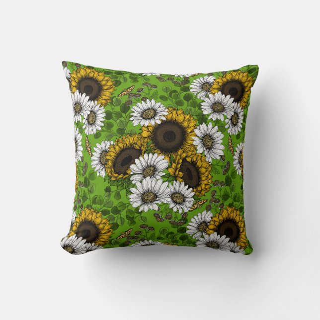Coussin Fleurs de soleil et marguerites, jardin d'été (Recto)