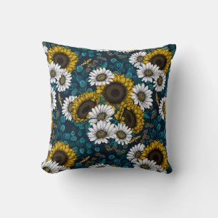 Coussin Fleurs de soleil et marguerites, jardin d'été 2