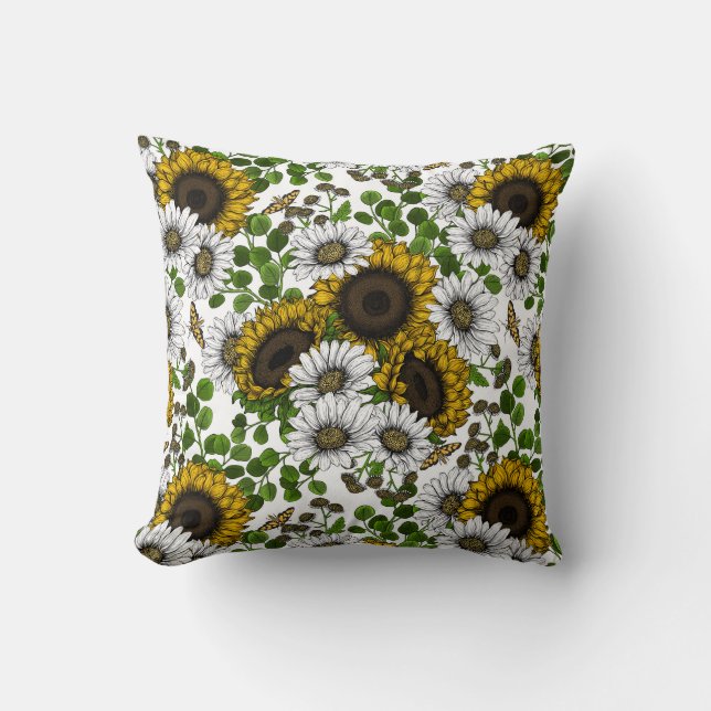 Coussin Fleurs de soleil et marguerites, jardin d'été 3 (Recto)