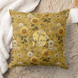 Coussin Fleurs de soleil et papillons sur Arrière - plan j