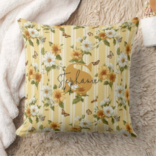 Coussin Fleurs de soleil et papillons sur bandes jaunes (3