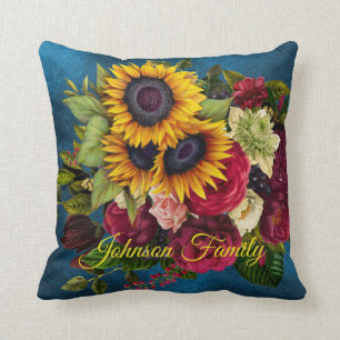 Coussin Fleurs de soleil et rose élégant nom de famille bl