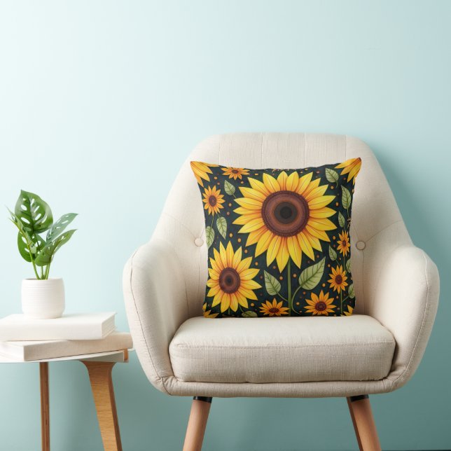 Coussin Fleurs de soleil jaunes sur le noir (Chaise)