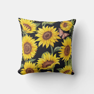 Coussin Fleurs de soleil, papillons, aquarelle noir
