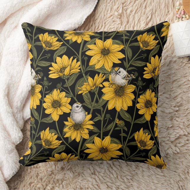 Coussin Fleurs de soleil sauvages et oiseaux de crête doré (Couverture)