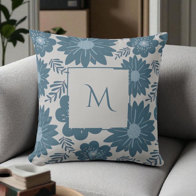 Coussin Fleurs de style aquarelle argent bleu script (Créateur téléchargé)
