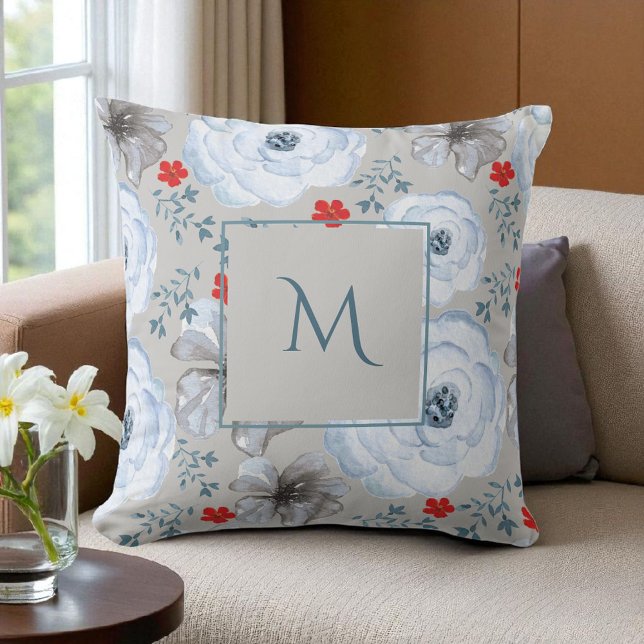 Coussin Fleurs de style aquarelle argent bleu script (Créateur téléchargé)