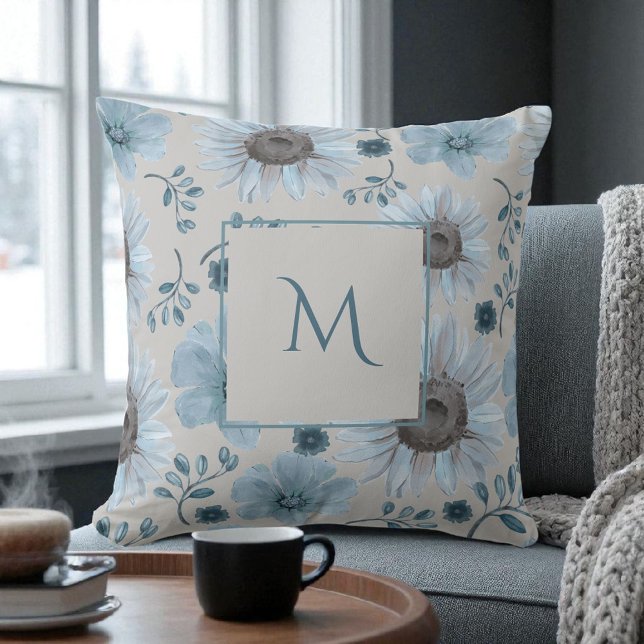 Coussin Fleurs de style aquarelle argent bleu script (Créateur téléchargé)