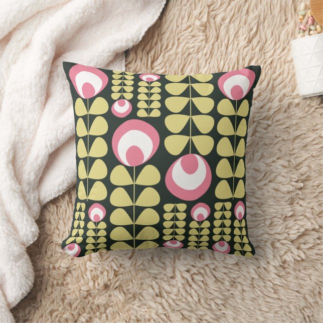 Coussin Fleurs de style mi-moderne vert foncé, rose, jaune (Couverture)