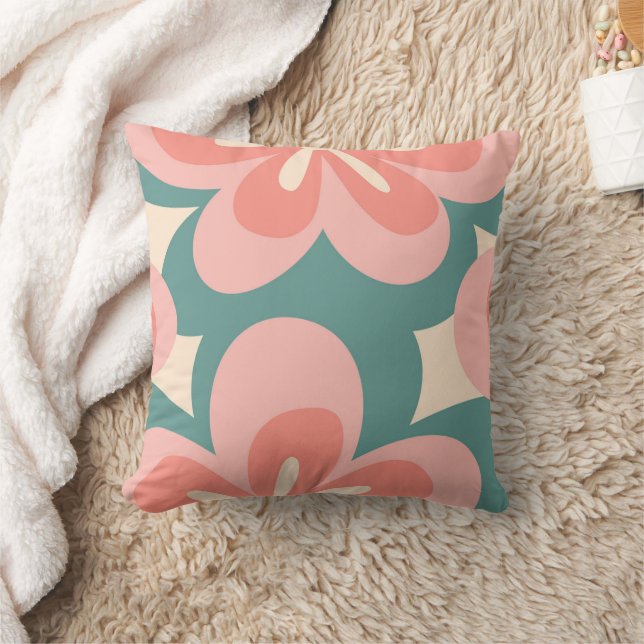 Coussin Fleurs de style rétro rose et turquoise (Couverture)