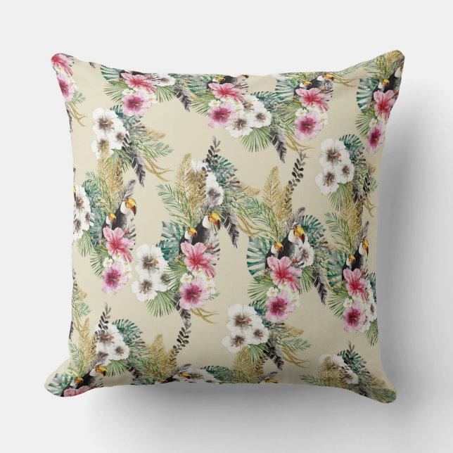 COUSSIN FLEURS DE TROPICAL HIBISCUS ROSE ET BLANC & TOUCAN (Recto)