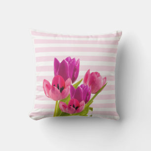 Coussin Fleurs de tulipes roses avec des rayures roses déc
