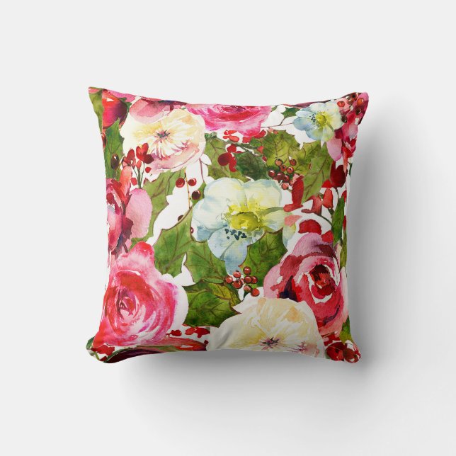 Coussin Fleurs de vacances de Noël Baies de houx Baies (Recto)