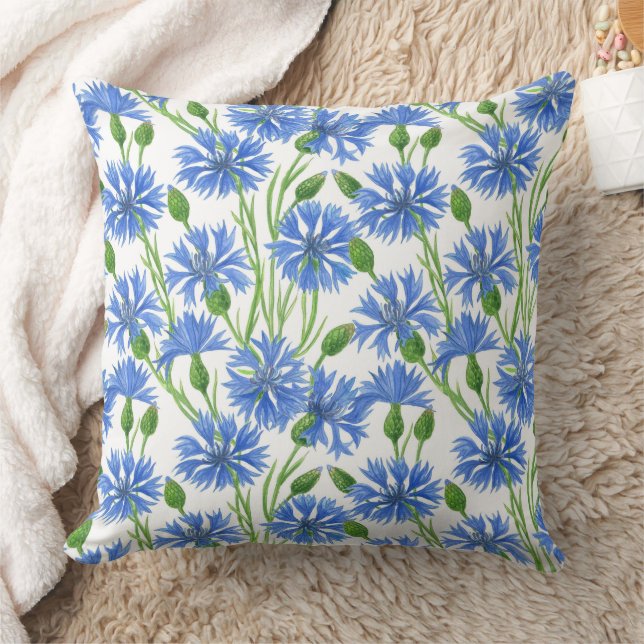 Coussin Fleurs d'eau bleu, fleurs sauvages sur blanc (Couverture)