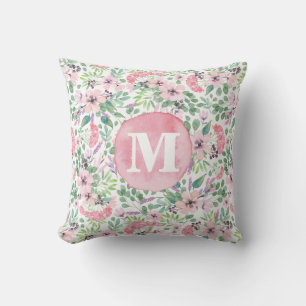 Coussin Fleurs délicates Lilac rose pâle vert monogramme