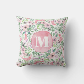 Coussin Fleurs délicates Lilac rose pâle vert monogramme