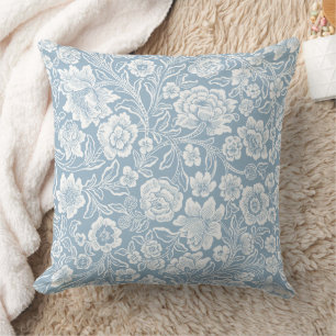 Coussin Fleurs dessinées à la main, Art botanique bleu gri