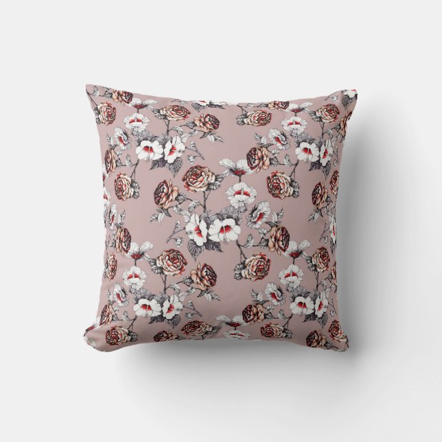 Coussin Fleurs dessinées à la main, motif d'aquarelle rose (Recto)