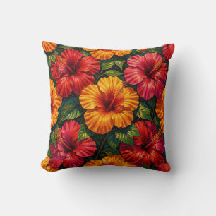 Coussin Fleurs d'Hibiscus Gras Motif de Coucher de Soleil