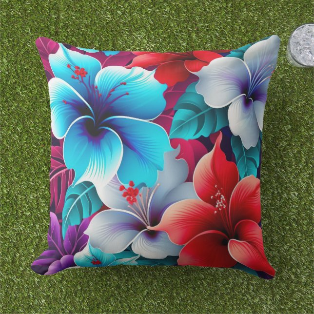 Coussin Fleurs d'Hibiscus Rouge et Bleu Tropical (Herbe)